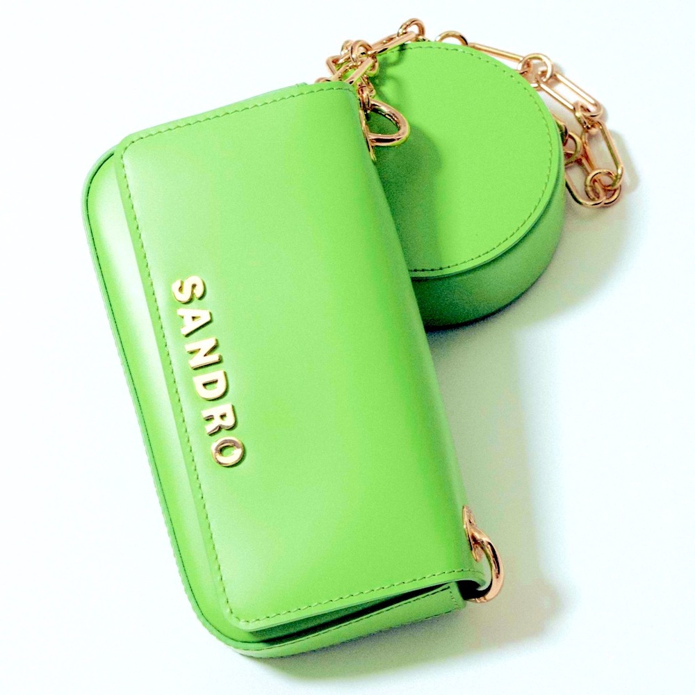 NWT $360 SANDRO totemo shoulder bag LIME GREEN with gold chain +zip coin purse